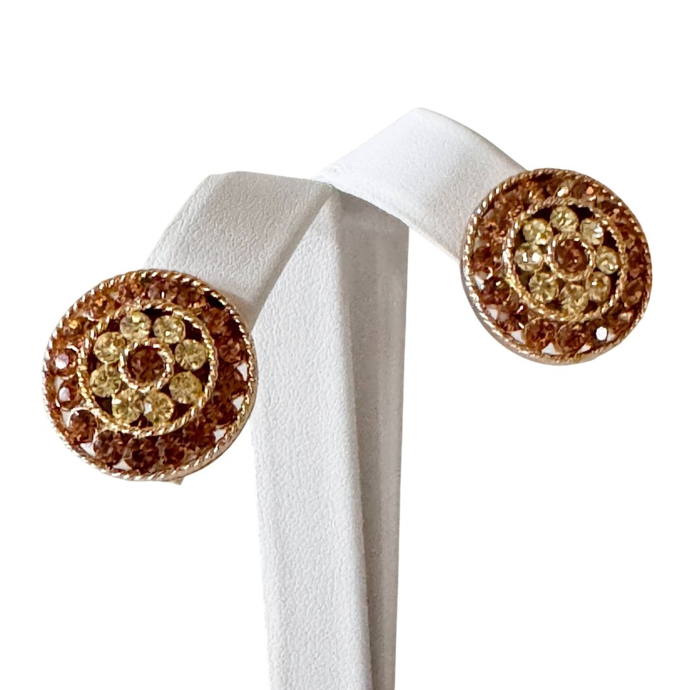 Lisner Vintage Gold Tone Amber Yellow Rhinestone Round Clip On Earrings Target